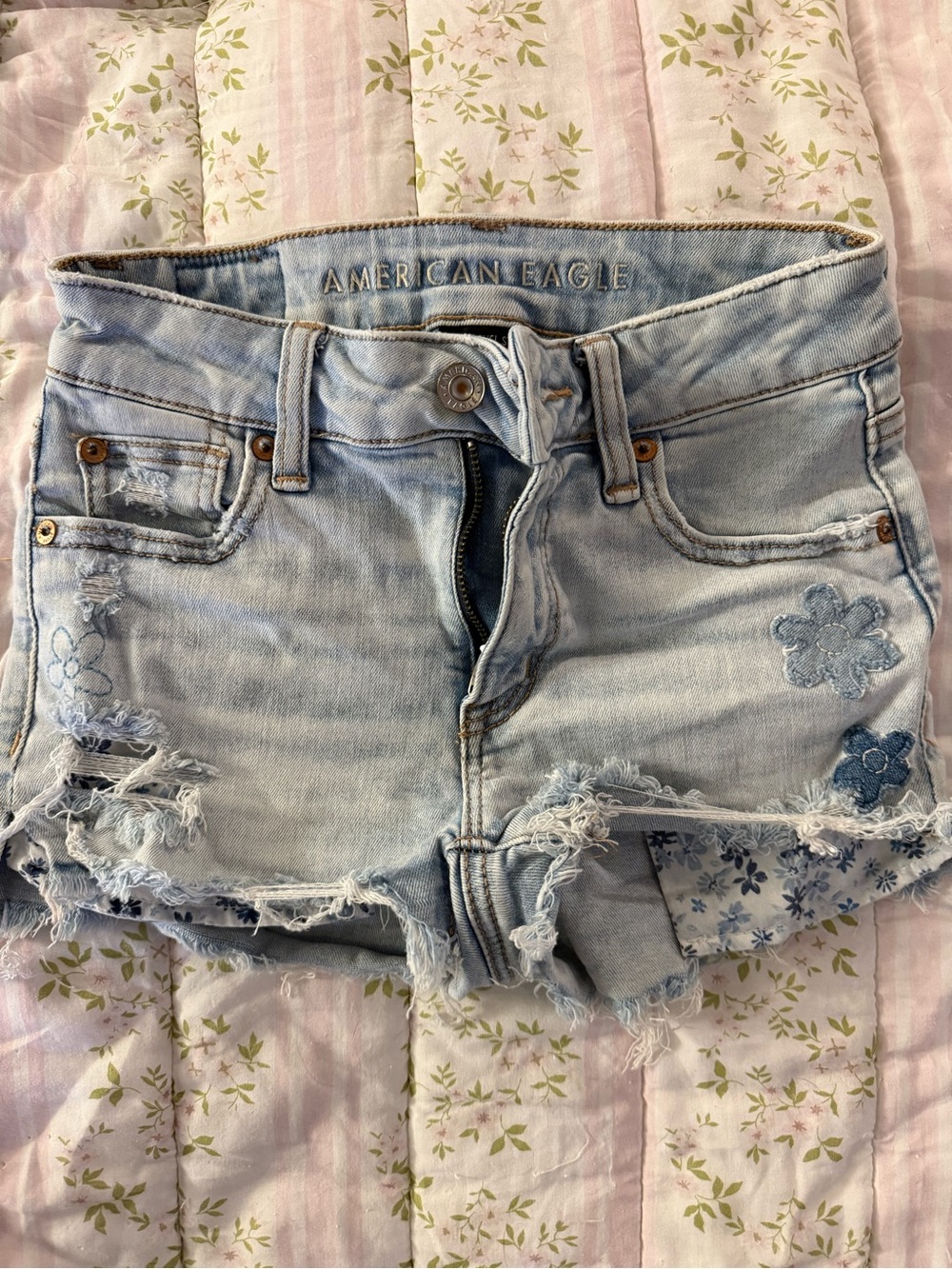 American Eagle Outfitters Light Blue Distressed Embroidered Denim Shorts